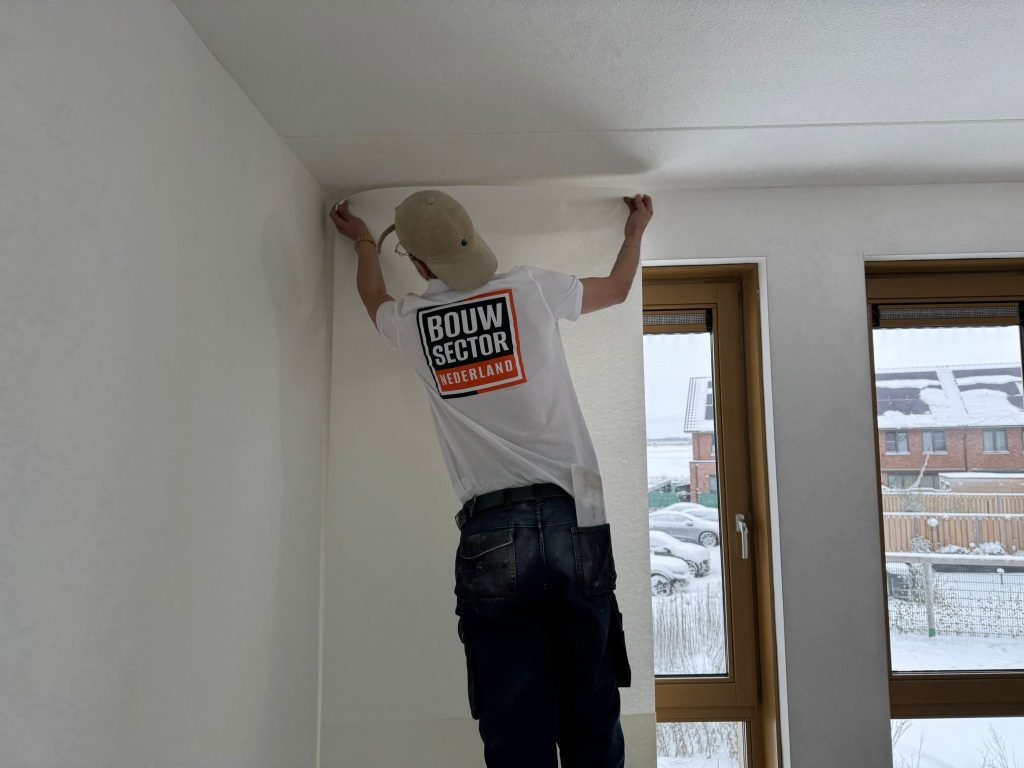Behanger drukt een baan bovenaan tegen de wand onder een wit plafond